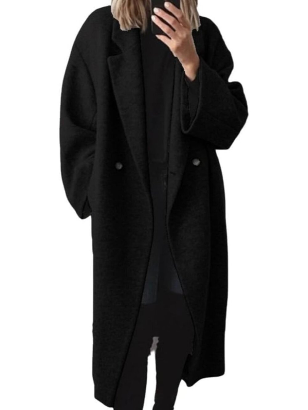 Women's Black Wool Double Breasted Oversized Long Notch Lapel Trench Pea Coat
